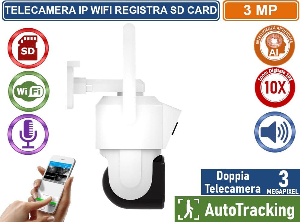 TELECAMERA SPEED DOME MOTORIZZATA IP WIFI DOPPIA TELECAMERA DIGITAL ZOOM 10X REGISTRA SU SD CARD 3MP CON AUDIO BIDIREZIONALE IP66 - 2