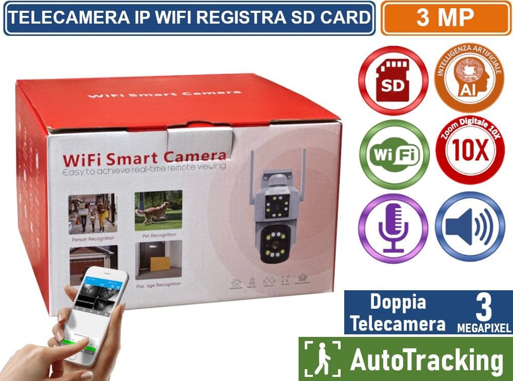 TELECAMERA SPEED DOME MOTORIZZATA IP WIFI DOPPIA TELECAMERA DIGITAL ZOOM 10X REGISTRA SU SD CARD 3MP CON AUDIO BIDIREZIONALE IP66 - 3