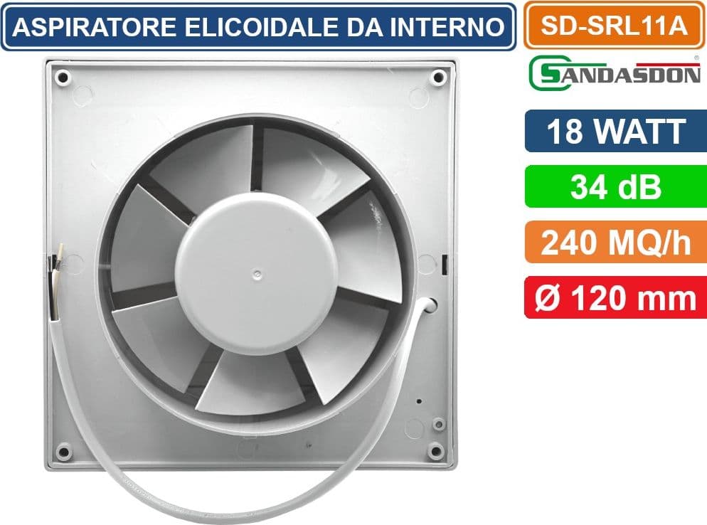 ASPIRATORE ELICOIDALE DA INTERNO MONTAGGIO A PARETE 18W COPERTURA 240MQ/H IPX4 - 2