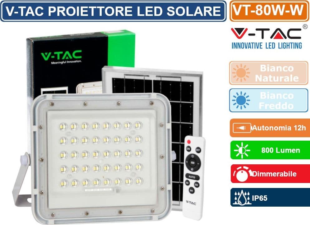 V-TAC VT-80W FARO LED FLOODLIGHT 10W IP65 COLORE BIANCO CON PANNELLO SOLARE E TELECOMANDO - SKU 7842 / 7841