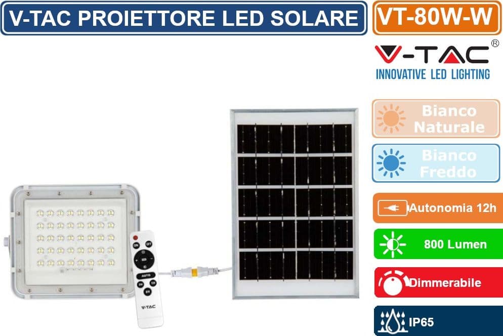 V-TAC VT-80W FARO LED FLOODLIGHT 10W IP65 COLORE BIANCO CON PANNELLO SOLARE E TELECOMANDO - SKU 7842 / 7841 - 2