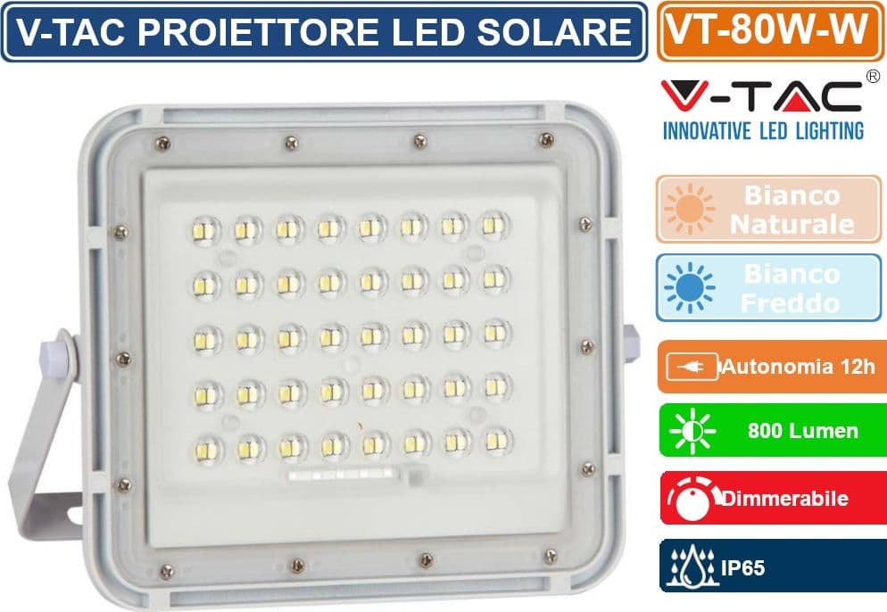 V-TAC VT-80W FARO LED FLOODLIGHT 10W IP65 COLORE BIANCO CON PANNELLO SOLARE E TELECOMANDO - SKU 7842 / 7841 - 3