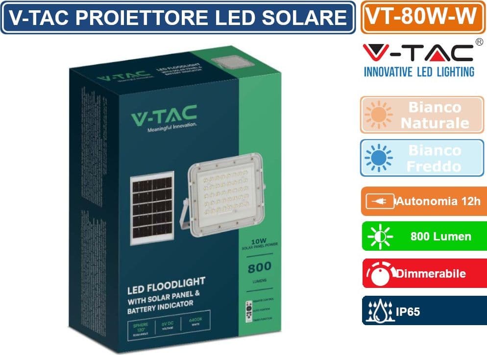 V-TAC VT-80W FARO LED FLOODLIGHT 10W IP65 COLORE BIANCO CON PANNELLO SOLARE E TELECOMANDO - SKU 7842 / 7841 - 4