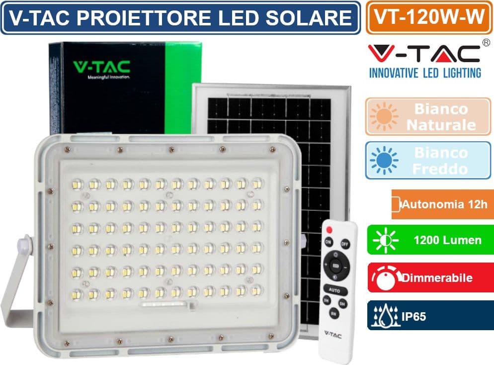 V-TAC VT-120W FARO LED FLOODLIGHT 15W IP65 COLORE BIANCO CON PANNELLO SOLARE E TELECOMANDO - SKU 7844 / 7843
