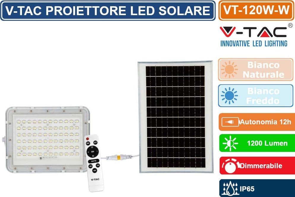 V-TAC VT-120W FARO LED FLOODLIGHT 15W IP65 COLORE BIANCO CON PANNELLO SOLARE E TELECOMANDO - SKU 7844 / 7843 - 2