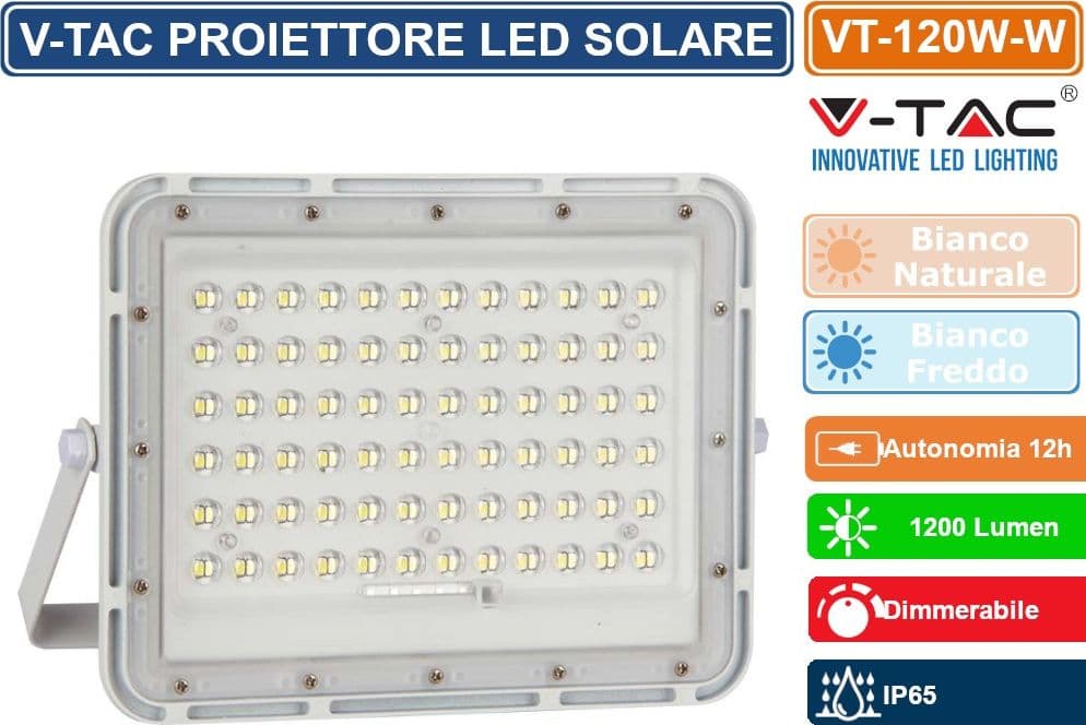 V-TAC VT-120W FARO LED FLOODLIGHT 15W IP65 COLORE BIANCO CON PANNELLO SOLARE E TELECOMANDO - SKU 7844 / 7843 - 3