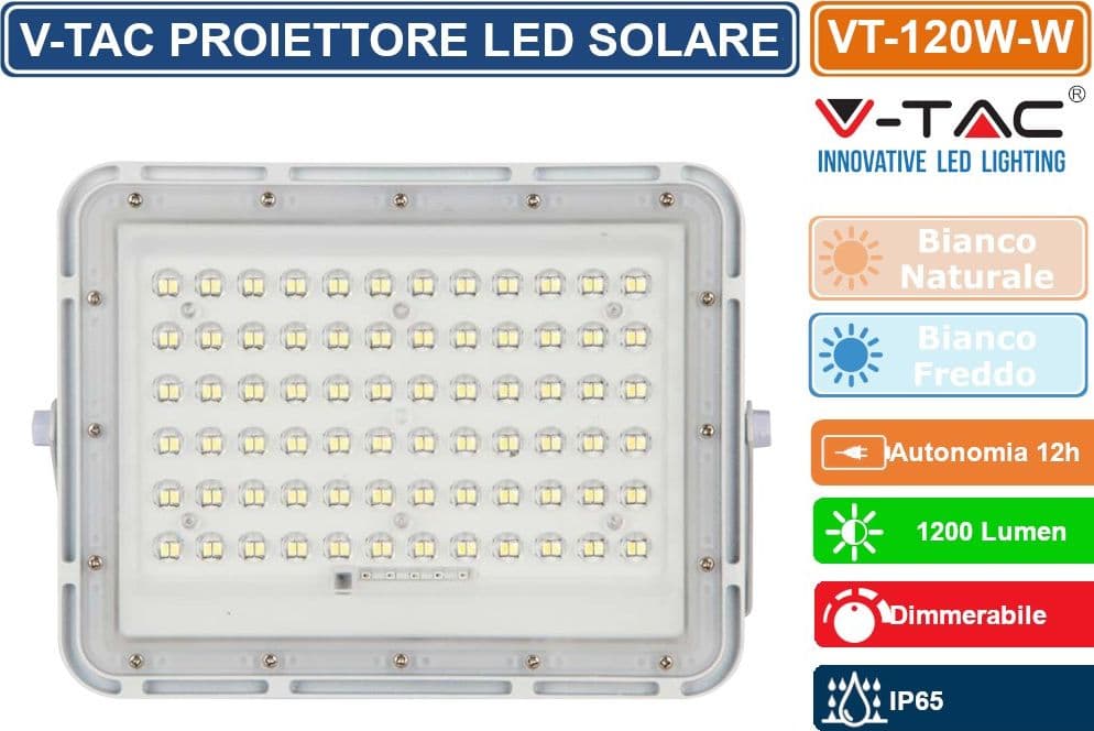V-TAC VT-120W FARO LED FLOODLIGHT 15W IP65 COLORE BIANCO CON PANNELLO SOLARE E TELECOMANDO - SKU 7844 / 7843 - 4