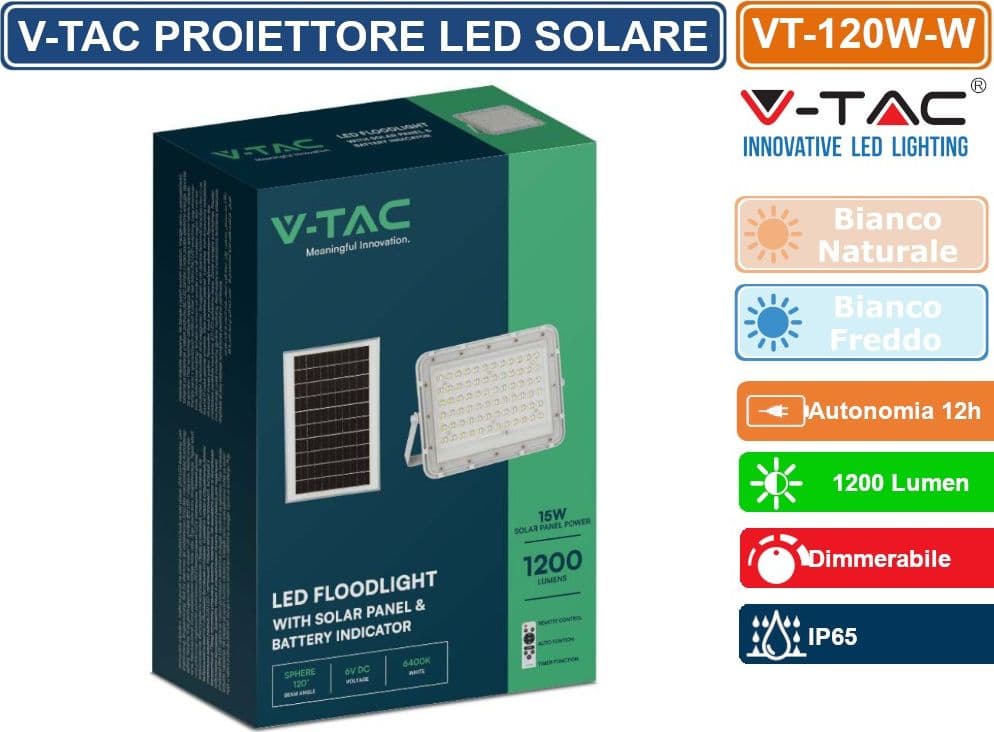 V-TAC VT-120W FARO LED FLOODLIGHT 15W IP65 COLORE BIANCO CON PANNELLO SOLARE E TELECOMANDO - SKU 7844 / 7843 - 5