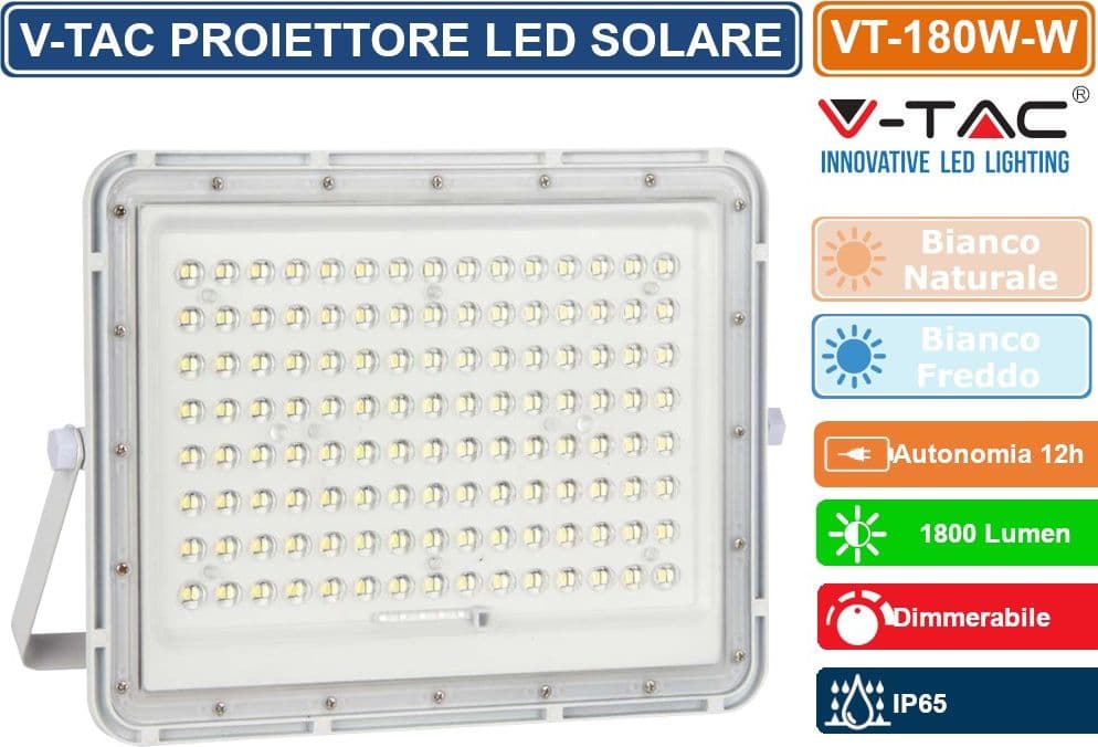 V-TAC VT-180W FARO LED FLOODLIGHT 20W IP65 COLORE BIANCO CON PANNELLO SOLARE E TELECOMANDO - SKU 7846 / 7845 - 3