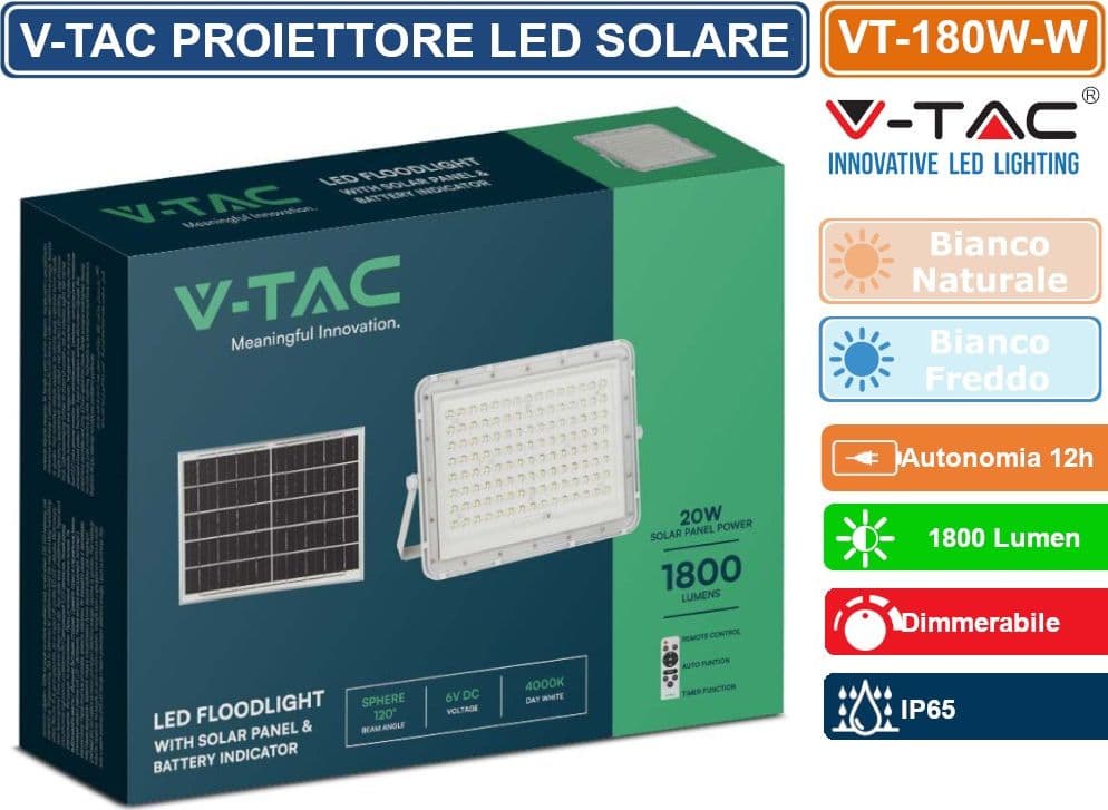 V-TAC VT-180W FARO LED FLOODLIGHT 20W IP65 COLORE BIANCO CON PANNELLO SOLARE E TELECOMANDO - SKU 7846 / 7845 - 5
