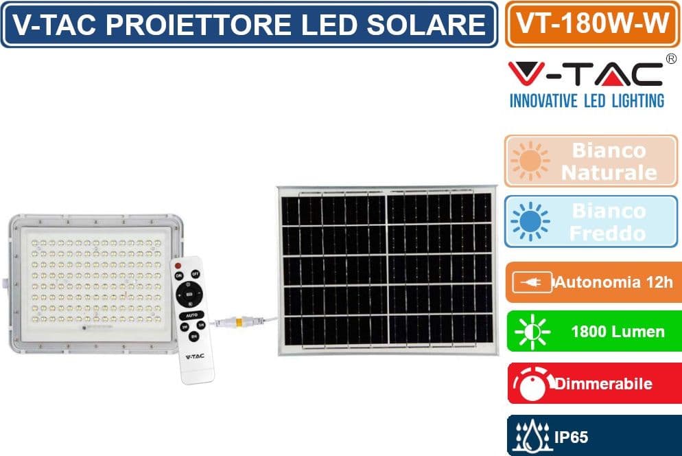 V-TAC VT-240W FARO LED FLOODLIGHT 30W IP65 COLORE BIANCO CON PANNELLO SOLARE E TELECOMANDO - SKU 7848 / 7847 - 2