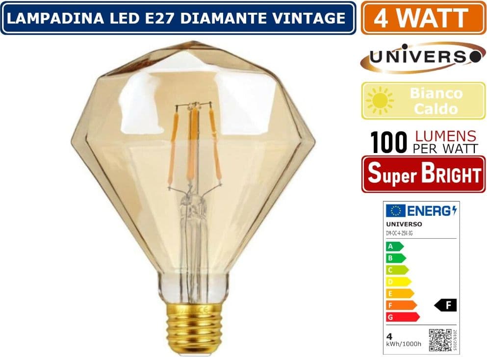 LAMPADINA LED VINTAGE A FORMA DI DIAMANTE E27 4W VETRO AMBRATO FILAMENTO LUCE CALDA 2500K PUB TAVERNE - 2