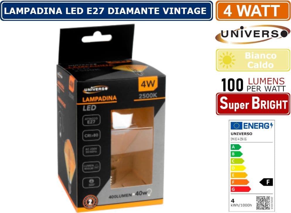 LAMPADINA LED VINTAGE A FORMA DI DIAMANTE E27 4W VETRO AMBRATO FILAMENTO LUCE CALDA 2500K PUB TAVERNE - 3