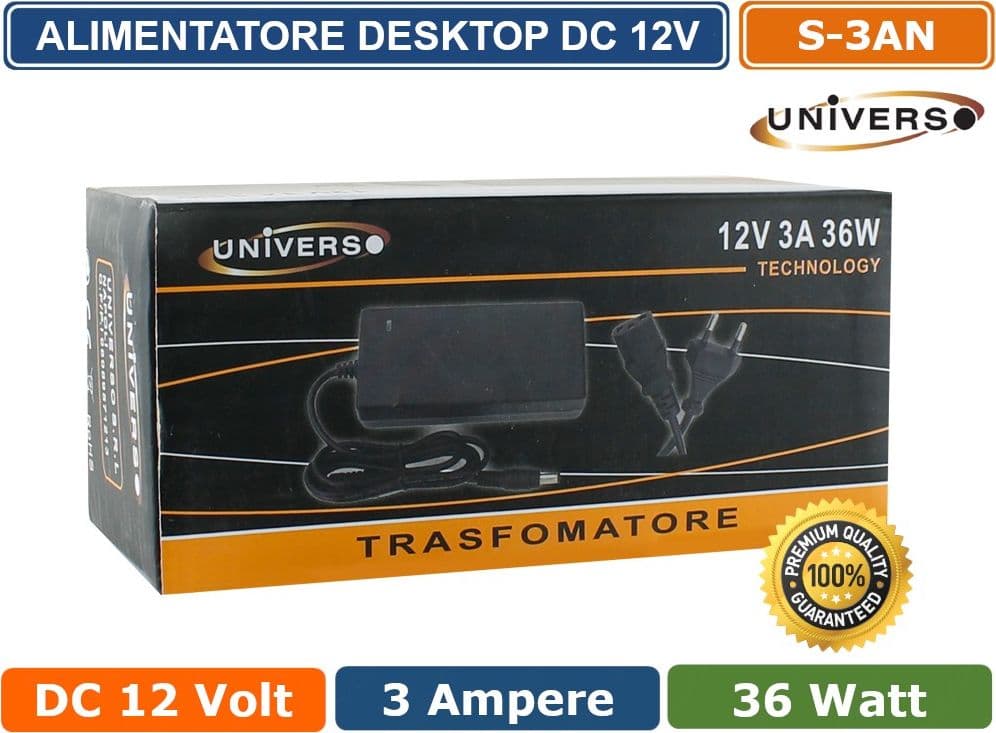 ALIMENTATORE DESKTOP SWITCHING 12V 3A 36W PER ILLUMINAZIONE E CCTV TELECAMERA CIRCUITO CHIUSO - 3