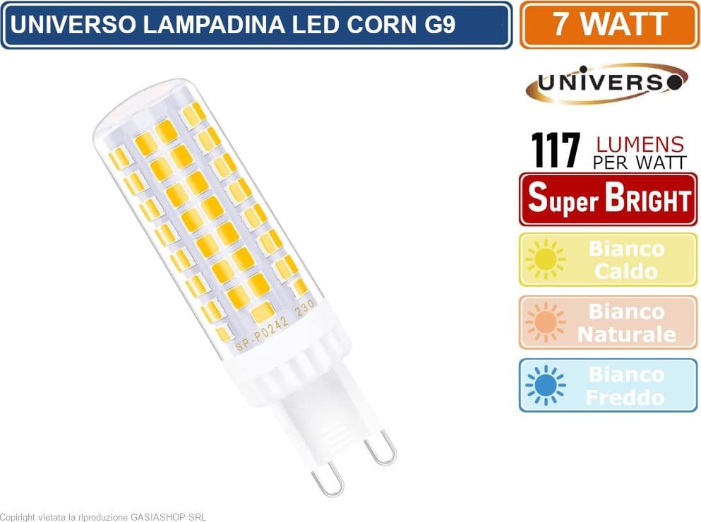 UNIVERSO CONFEZIONE 5 MINI LAMPADINA CORN TUBOLARE LED SMD 2835 G9 7W WATT 820 LUMEN LUCE CALDA NATURALE FREDDA - 2
