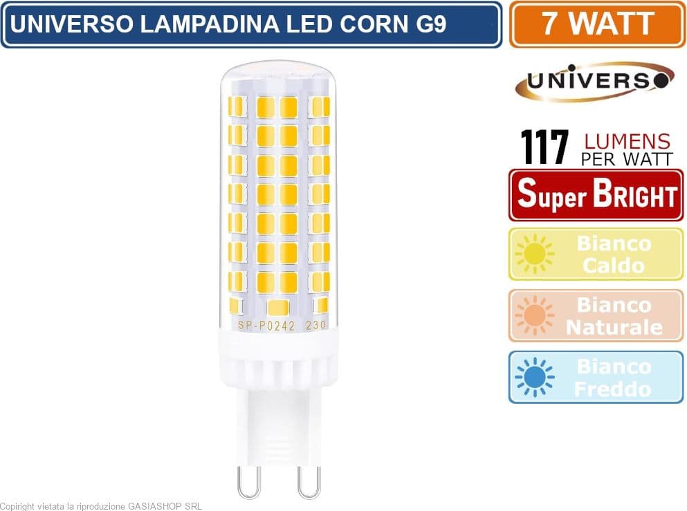 UNIVERSO CONFEZIONE 5 MINI LAMPADINA CORN TUBOLARE LED SMD 2835 G9 7W WATT 820 LUMEN LUCE CALDA NATURALE FREDDA - 3