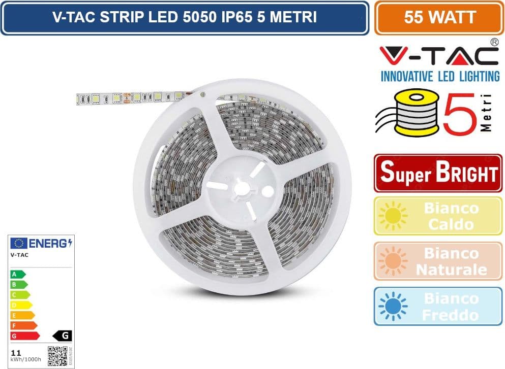 V-TAC STRISCIA LED 5050 IMPERMEABILE MONOCOLORE 300 LED BOBINA DA 5 METRI IP65 - SKU 212149-212150-212148 - 2