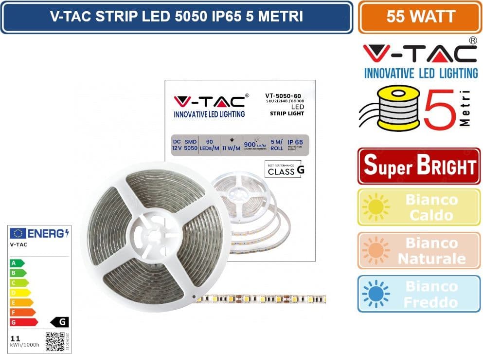 V-TAC STRISCIA LED 5050 IMPERMEABILE MONOCOLORE 300 LED BOBINA DA 5 METRI IP65 - SKU 212149-212150-212148 - 3