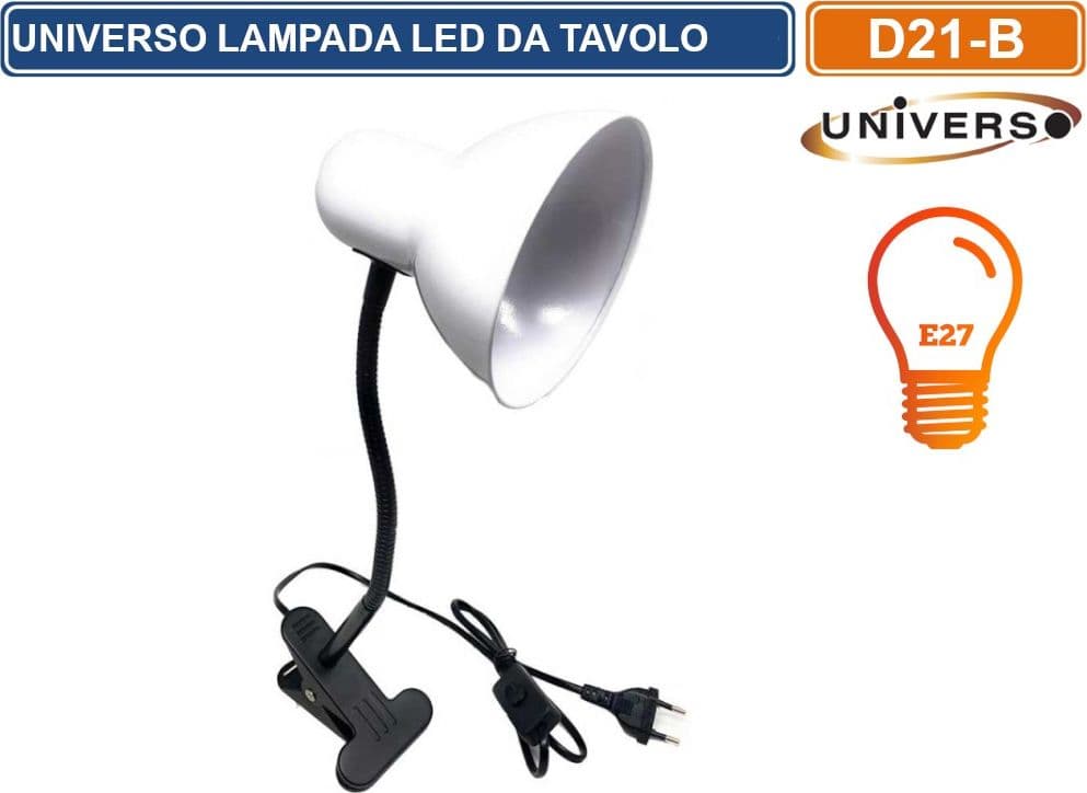 LAMPADA DA TAVOLO CON CLIPS DI FISSAGGIO E BRACCIO FLESSIBILE ATTACCO E27 DISPONIBILE CON COLORI ASSORTITI - 2