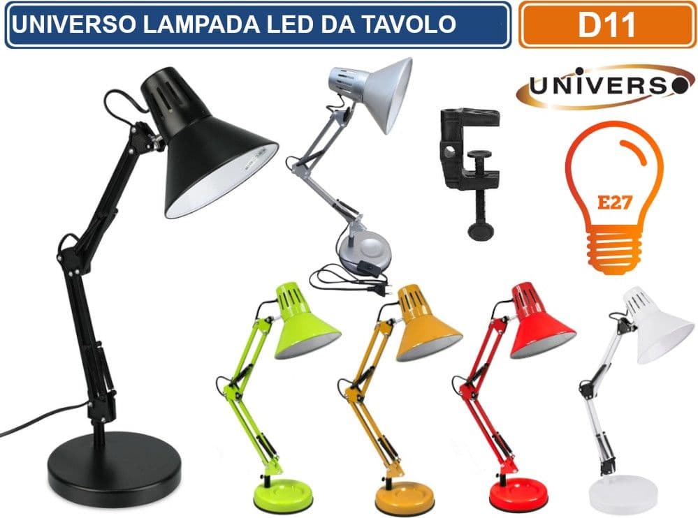 LAMPADA DA SCRIVANIA IN METALLO CON BRACCIO SNODABILE ED ORIENTABILE ATTACCO E27 COLORI ASSORTITI