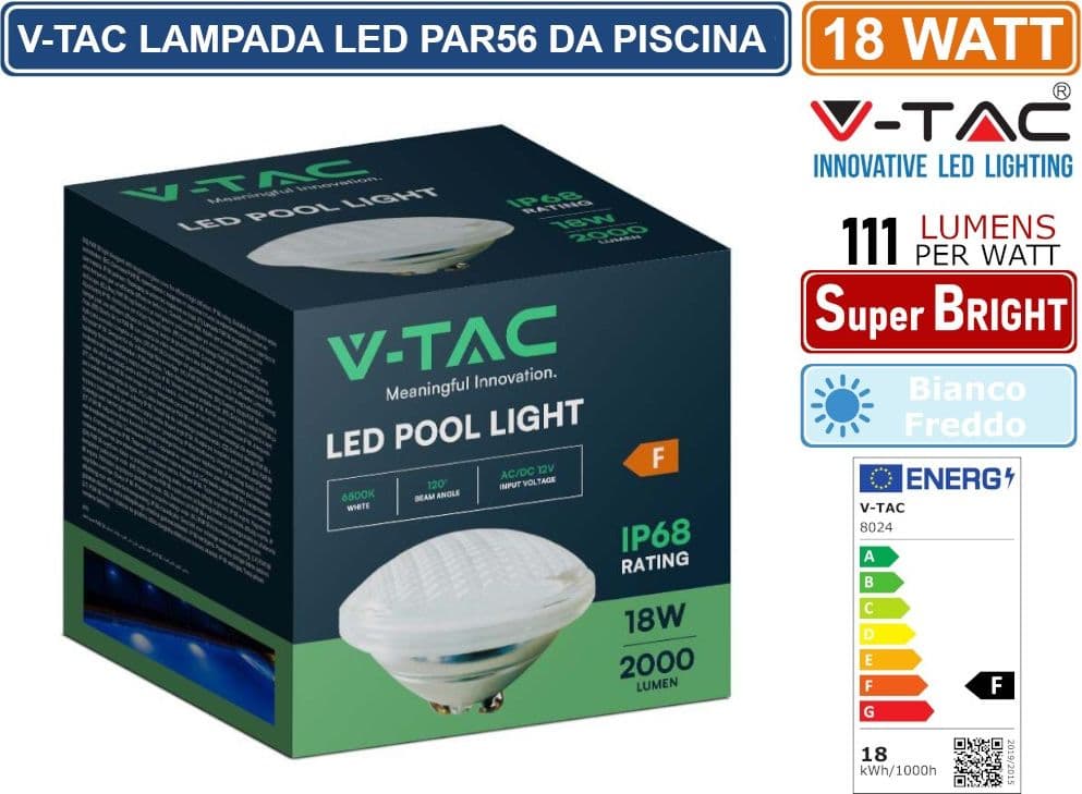 V-TAC VT-12118 LAMPADA LED PAR56 18W SMD DA PISCINA IP68 12V IN VETRO - SKU 8024 - 4