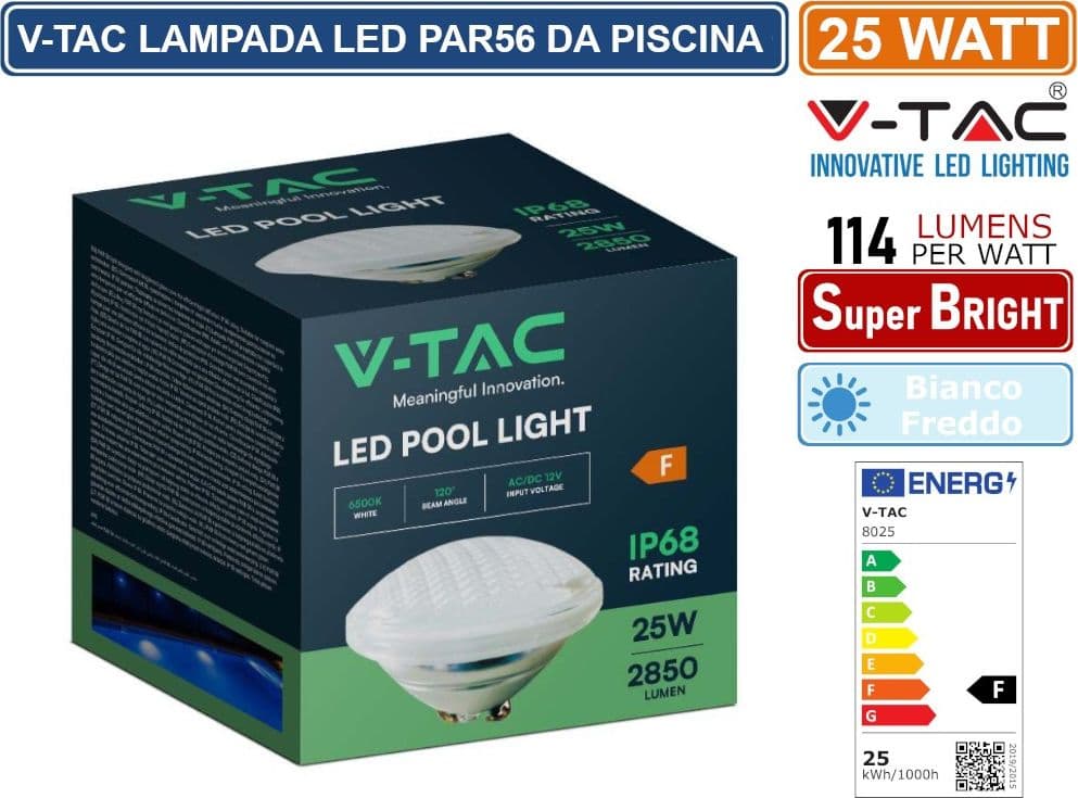 V-TAC VT-12125 LAMPADA LED PAR56 25W SMD DA PISCINA IP68 12V IN VETRO - SKU 8025 - 4