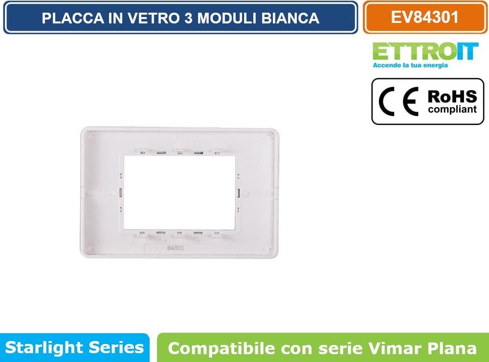 PLACCA IN VETRO COLORE BIANCO COMPATIBILE CON SERIE VIMAR PLANA 2 - 3 - 4 - 7 MODULI ETTROIT - 5