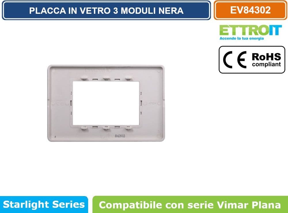 PLACCA IN VETRO COLORE NERO COMPATIBILE CON SERIE VIMAR PLANA 2 - 3 - 4 - 7 MODULI ETTROIT - 5