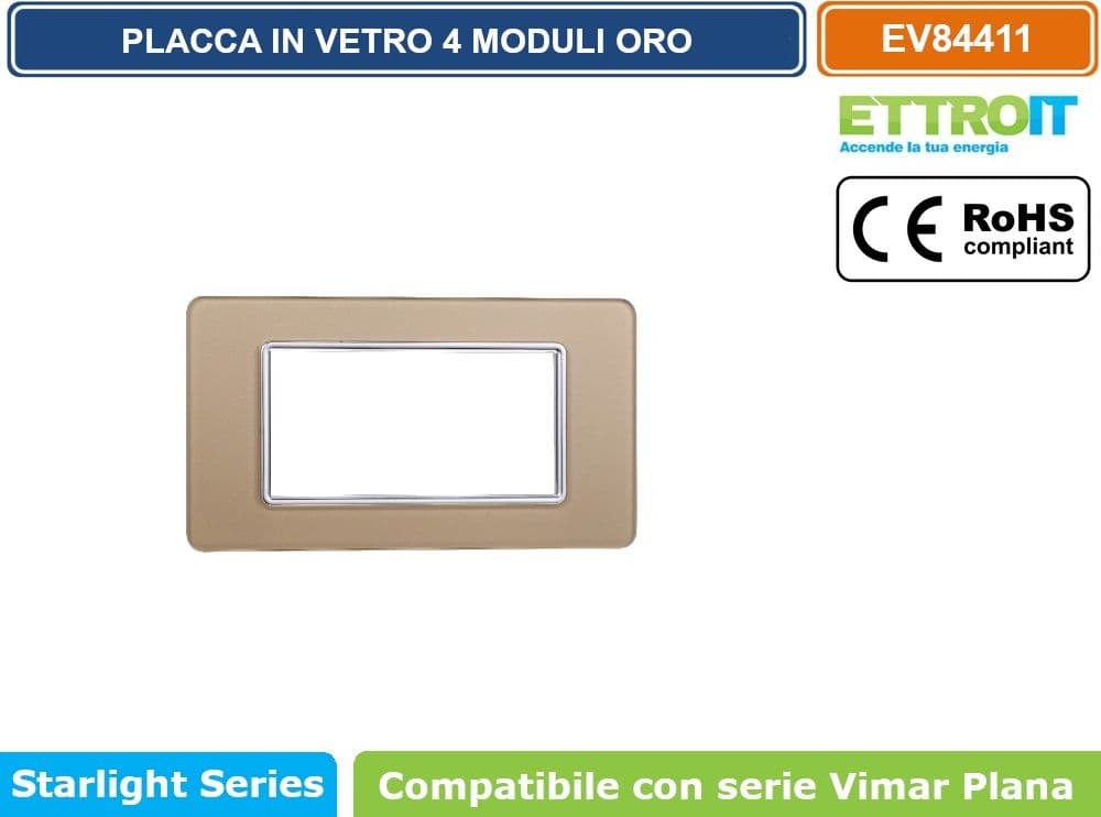 PLACCA IN VETRO COLORE ORO COMPATIBILE CON SERIE VIMAR PLANA 2 - 3 - 4 - 7 MODULI ETTROIT - 5