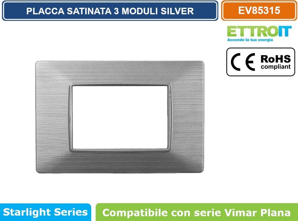 PLACCA IN TECNOPOLIMERO SATINATA COLORE SILVER COMPATIBILE CON SERIE VIMAR PLANA 2 - 3 - 4 - 7 MODULI ETTROIT - 4