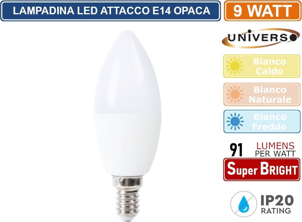 5 PEZZI UNIVERSO LAMPADINA LED E14 9W CANDLE C37 CANDELA SMD 820 LUMEN LUCE CALDA NATURALE FREDDA - 2