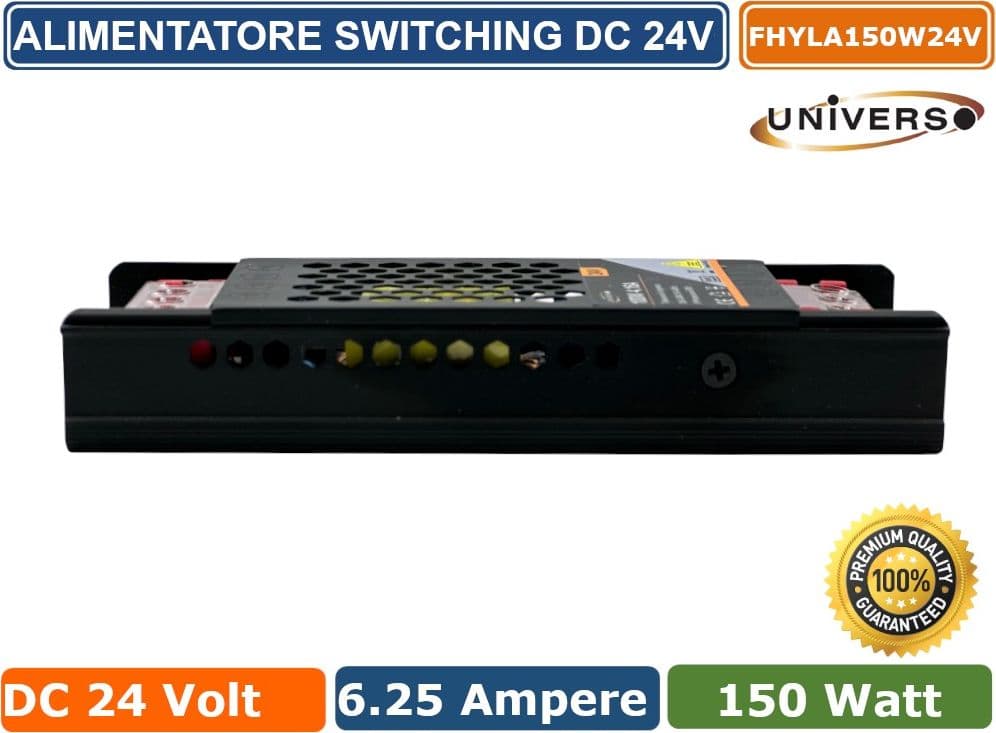 ALIMENTATORE SLIM METALLICO STABILIZZATO SWITCHING TRIMMER 220V-24V 6.25A 150 WATT COLORE NERO - 2
