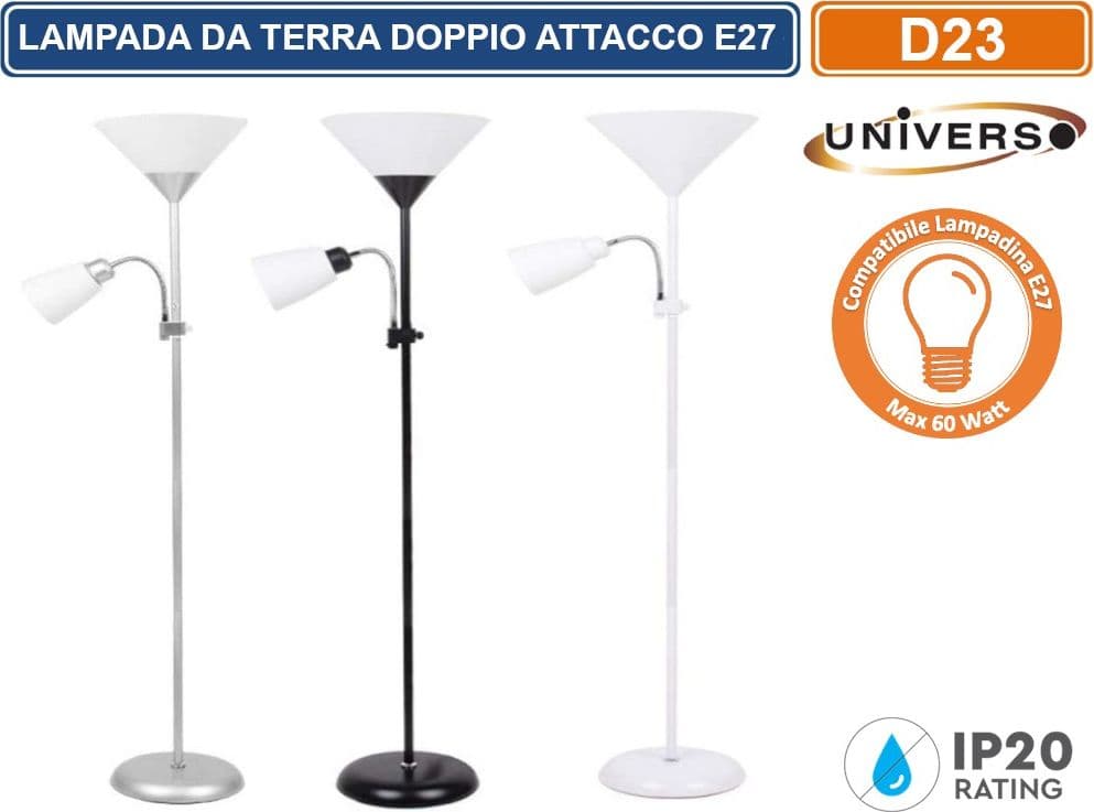 UNIVERSO LAMPADA A PIANTANA DA TERRA IN METALLO CON DOPPIO ATTACCO E27 PORTALAMPDA A BRACCIO ORIENTABILE