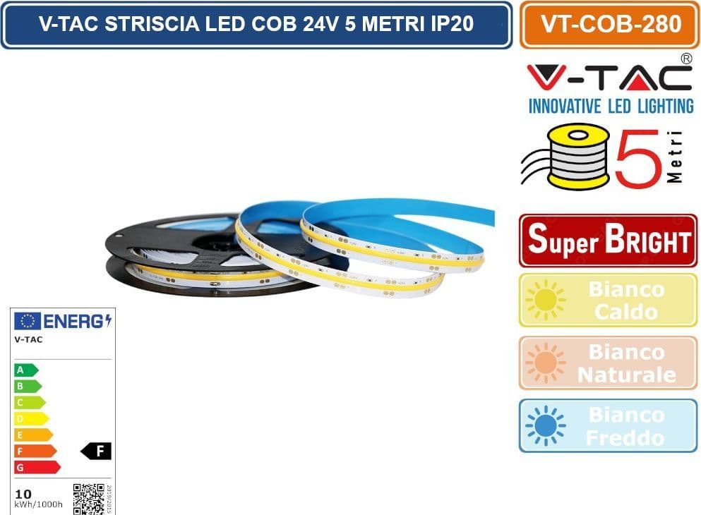V-TAC VT-COB-280 STRISCIA LED COB MONOCOLORE 10W/M 24V - BOBINA DA 5 METRI - SKU 212652 / 212653 / 212654 - 2