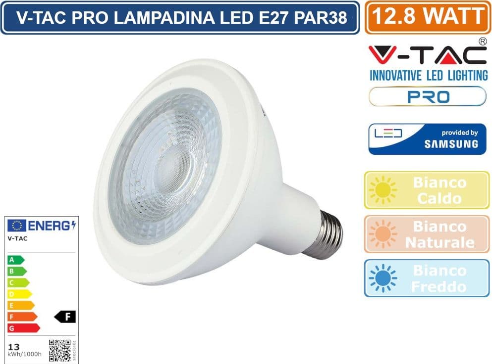 V-TAC PRO VT-238 LAMPADINA LED E27 12,8W BULB PAR LAMP PAR38 CHIP SAMSUNG - SKU 21150 / 21151 / 21152 - 2
