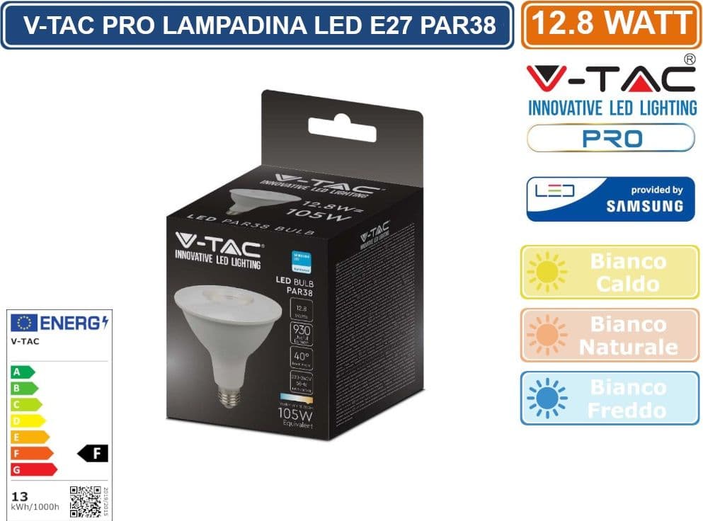 V-TAC PRO VT-238 LAMPADINA LED E27 12,8W BULB PAR LAMP PAR38 CHIP SAMSUNG - SKU 21150 / 21151 / 21152 - 3