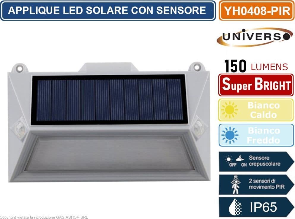 APPLIQUE LED RICARICABILE 3.6W CON PANNELLO SOLARE CON DOPPIO SENSORE DI MOVIMENTO E CREPUSCOLARE IP65 - 3