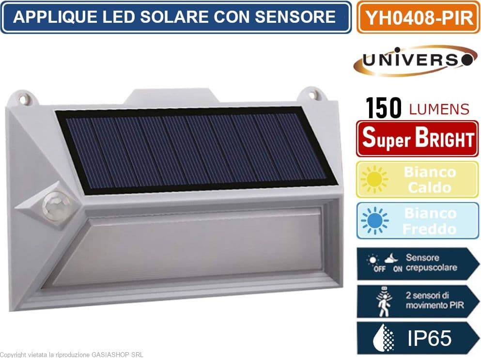 APPLIQUE LED RICARICABILE 3.6W CON PANNELLO SOLARE CON DOPPIO SENSORE DI MOVIMENTO E CREPUSCOLARE IP65 - 2