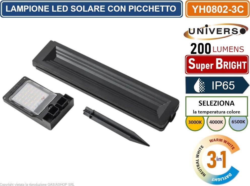 LAMPIONCINO LED DA GIARDINO RICARICABILE 6W CON PANNELLO SOLARE CON PICCHETTO IP65 CCT SWITCH COLORE LUCE SELEZIONABILE - 6