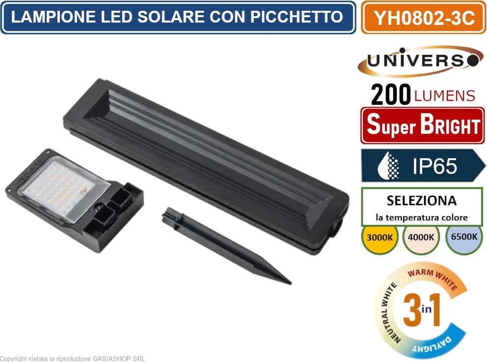 LAMPIONCINO LED DA GIARDINO RICARICABILE 6W CON PANNELLO SOLARE CON PICCHETTO IP65 CCT SWITCH COLORE LUCE SELEZIONABILE