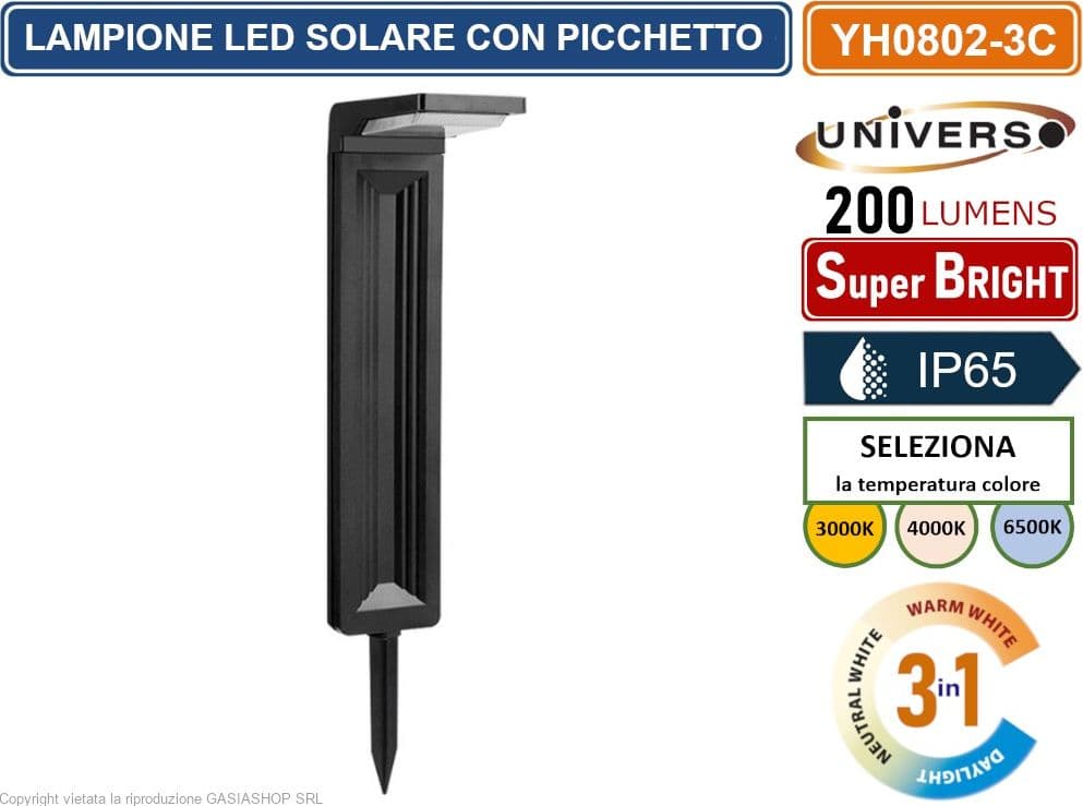 LAMPIONCINO LED DA GIARDINO RICARICABILE 6W CON PANNELLO SOLARE CON PICCHETTO IP65 CCT SWITCH COLORE LUCE SELEZIONABILE - 2