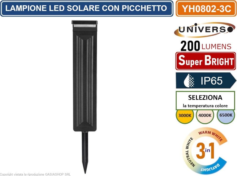 LAMPIONCINO LED DA GIARDINO RICARICABILE 6W CON PANNELLO SOLARE CON PICCHETTO IP65 CCT SWITCH COLORE LUCE SELEZIONABILE - 3