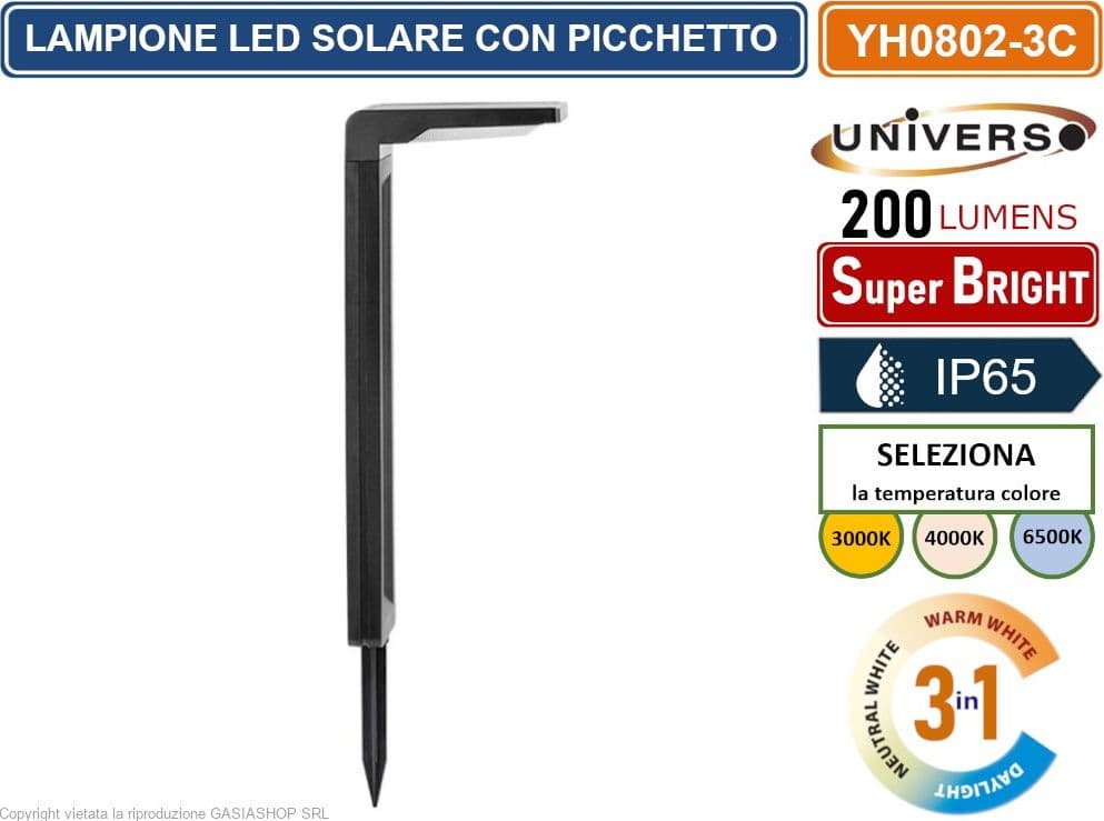 LAMPIONCINO LED DA GIARDINO RICARICABILE 6W CON PANNELLO SOLARE CON PICCHETTO IP65 CCT SWITCH COLORE LUCE SELEZIONABILE - 4