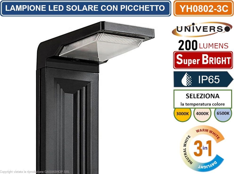 LAMPIONCINO LED DA GIARDINO RICARICABILE 6W CON PANNELLO SOLARE CON PICCHETTO IP65 CCT SWITCH COLORE LUCE SELEZIONABILE - 5