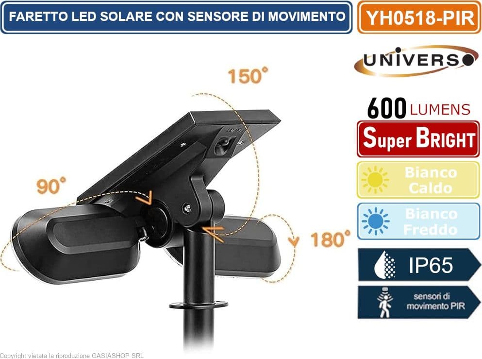 FARETTO DOPPIO A LED DA GIARDINO SNODABILE RICARICABILE 16W CON PANNELLO SOLARE CON PICCHETTO IP65 - 3