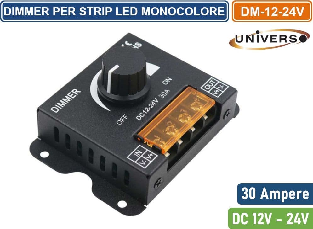 DIMMER INTERRUTTORE CON MANOPOLA PER STRIP LED MONOCOLORE DC12/24V POTENZA MASSIMA 720W - 2