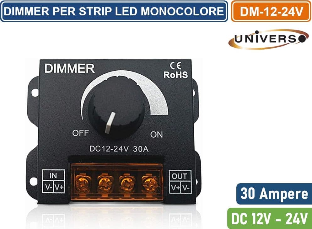 DIMMER INTERRUTTORE CON MANOPOLA PER STRIP LED MONOCOLORE DC12/24V POTENZA MASSIMA 720W - 3