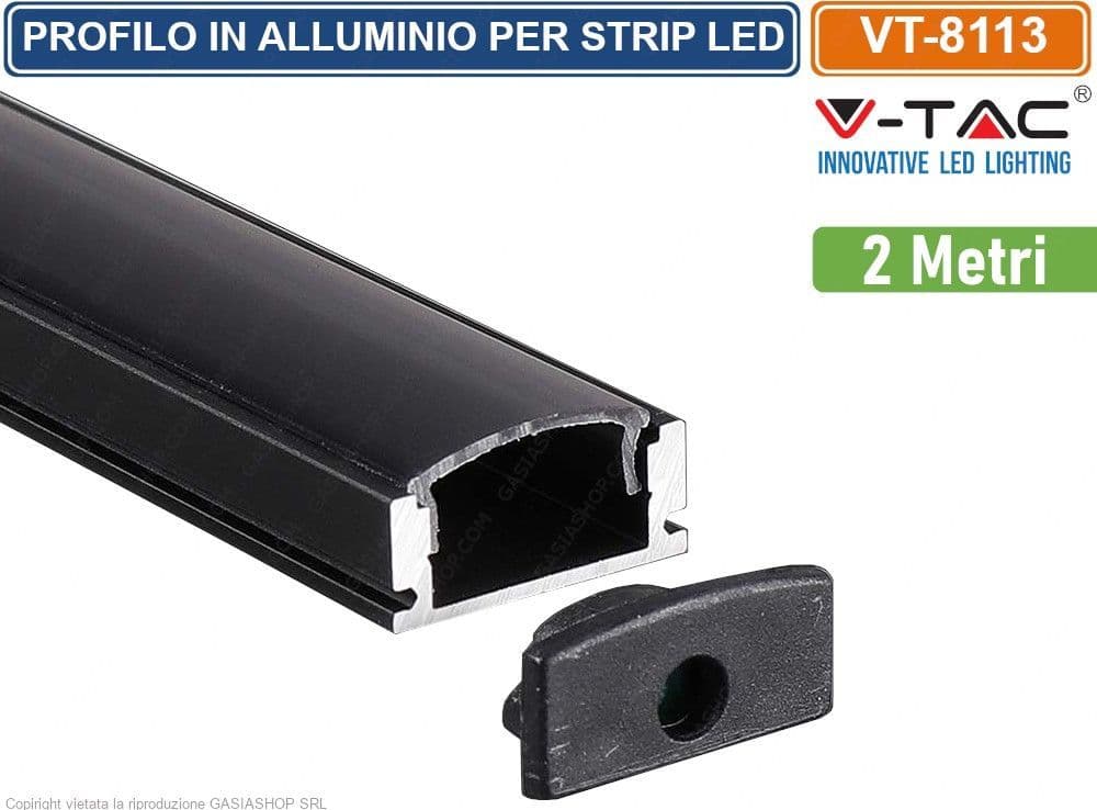 V-TAC VT-8113 PROFILO IN ALLUMINIO NERO PER STRISCE LED LUNGHEZZA 2 METRI - SKU 2873 - 2