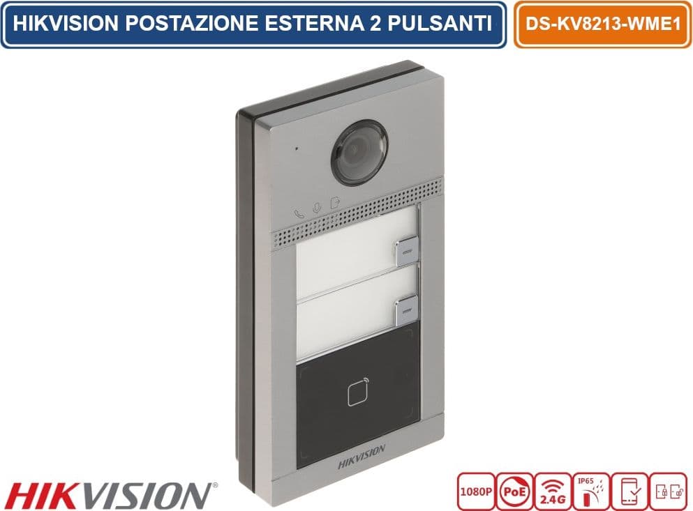 HIKVISION DS-KV8213-WME1(B) POSTAZIONE ESTERNA 2 PULSANTI VIDEOCITOFONO WIFI / IP CON TELECAMERE HD 2.0MPX E LETTORE DI PROSSIMITÀ MIFARE CARD STANDARD POE/12V DC IP65 IK08 - 2