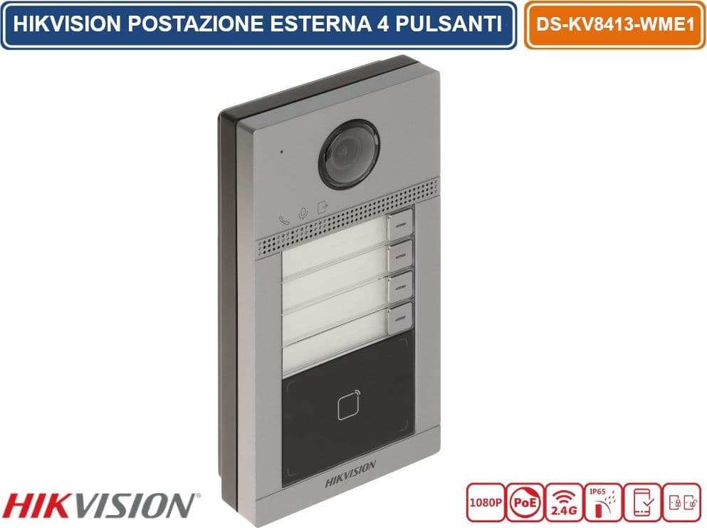 HIKVISION DS-KV8413-WME1(B) POSTAZIONE ESTERNA 4 PULSANTI VIDEOCITOFONO WIFI / IP CON TELECAMERE HD 2.0MPX E LETTORE DI PROSSIMITÀ MIFARE CARD STANDARD POE/12V DC IP65 IK08 - 2